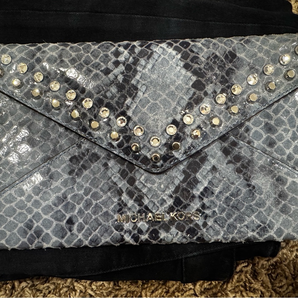 Michael Kors Silver and Black Snakeskin Clutch
